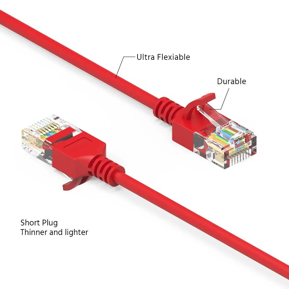 10Ft Cat6A UTP Slim Ethernet Network Booted Cable 28AWG Red