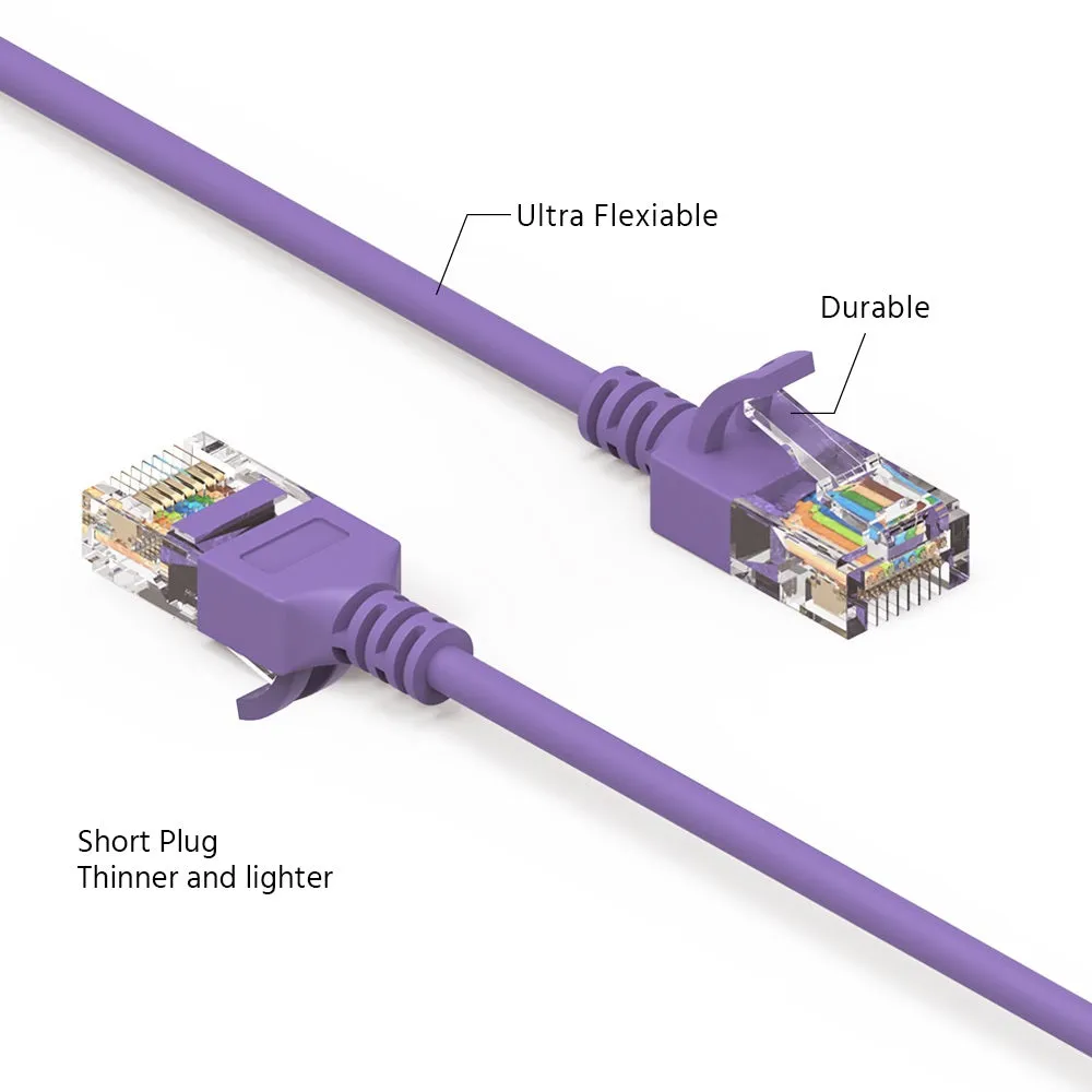 15Ft Cat6A UTP Slim Ethernet Network Booted Cable 28AWG Purple