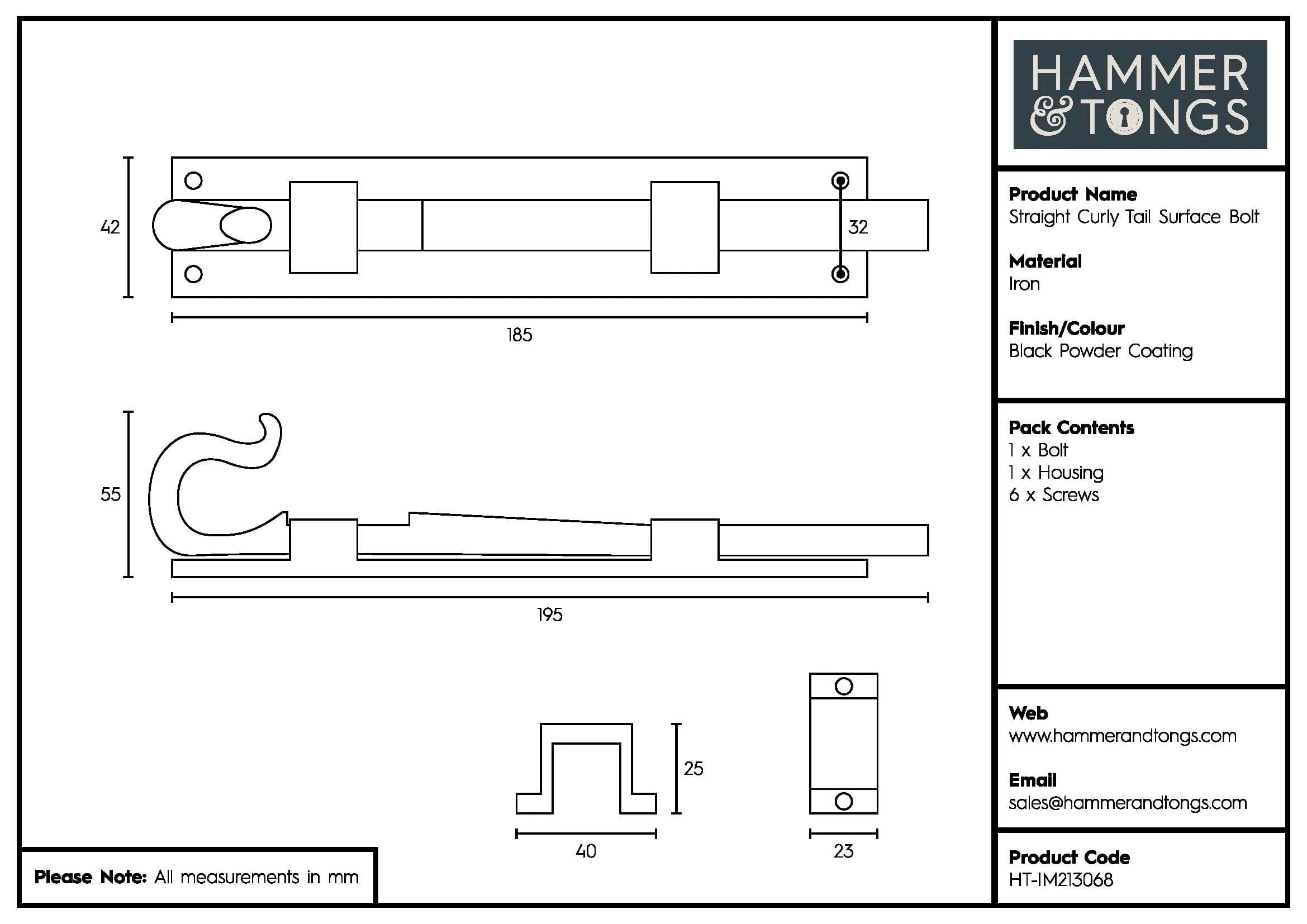 185mm Black Straight Shepherd's Crook Surface Bolt - By Hammer & Tongs