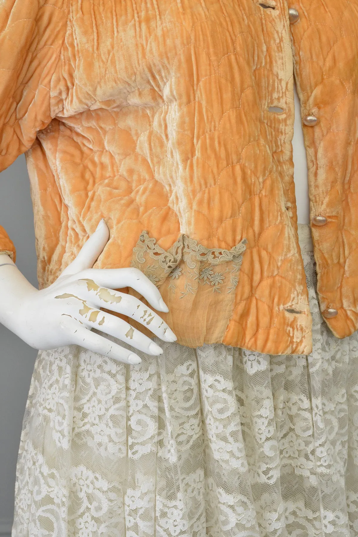 1930s Apricot Quilted Silk Velvet Bed Jacket Shrug