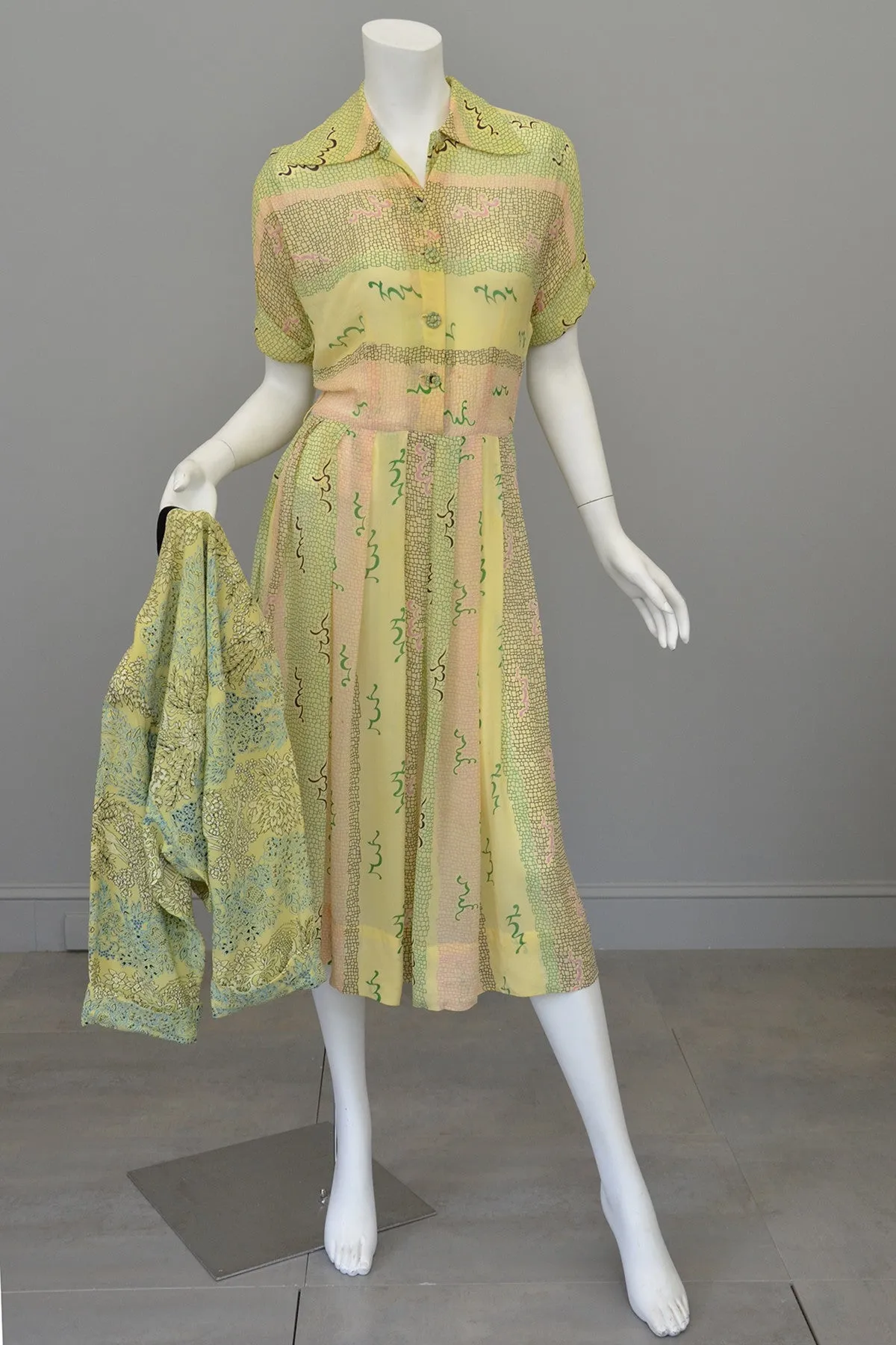 1940s Sketchy Novelty Print Spring Dress