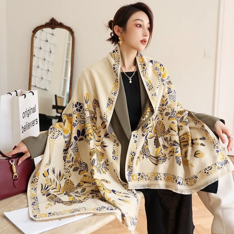 2021 Luxury Floral Print Women Winter Scarf Pashmina Shawl Lady Wraps Cashmere Thick Warm Scarves Female Bufanda Stoles