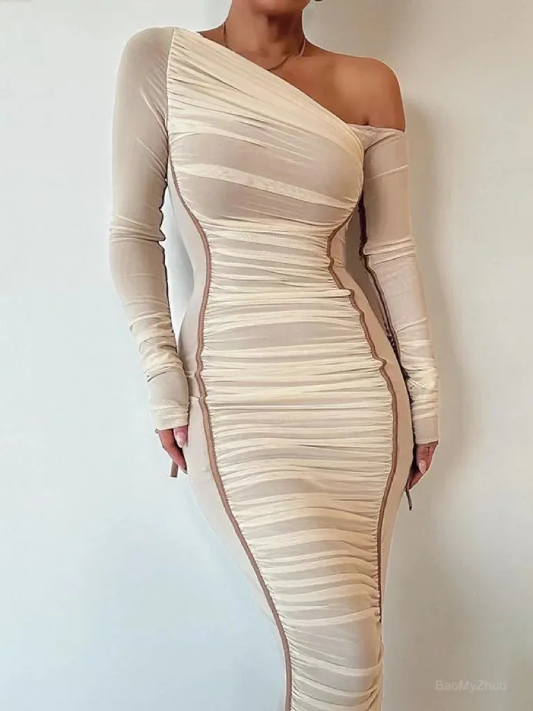 2024 Mesh Patchwork One Shoulder Long Sleeve Elegant Fashion Evening Party Dress