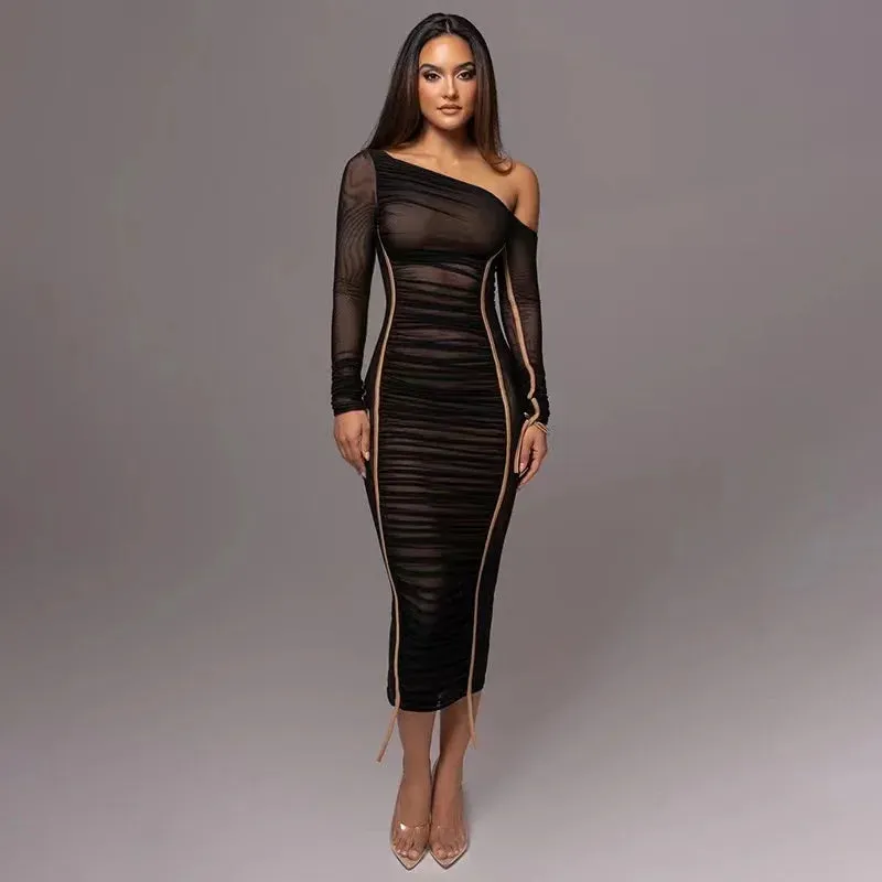 2024 Mesh Patchwork One Shoulder Long Sleeve Elegant Fashion Evening Party Dress