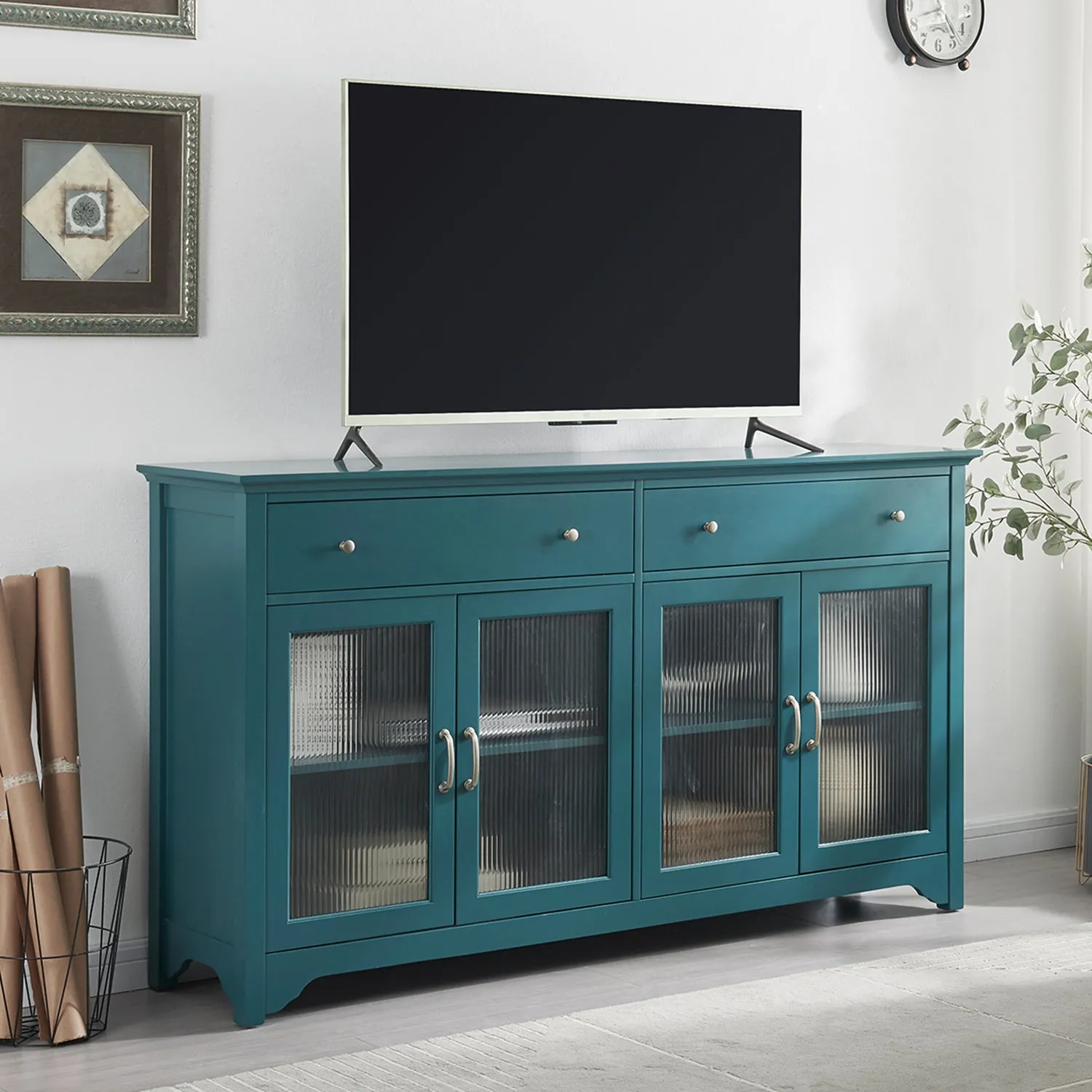 68” TV Console, Storage Buffet Cabinet, Sideboard with Glass Door and Adjustable Shelves, Console Table for Dining Living Room Cupboard, Teal Blue