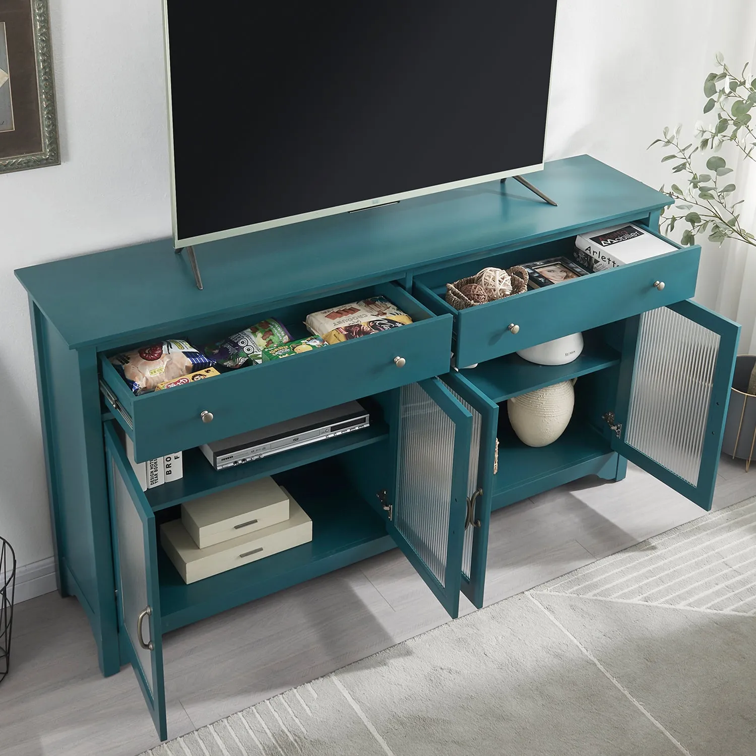 68” TV Console, Storage Buffet Cabinet, Sideboard with Glass Door and Adjustable Shelves, Console Table for Dining Living Room Cupboard, Teal Blue