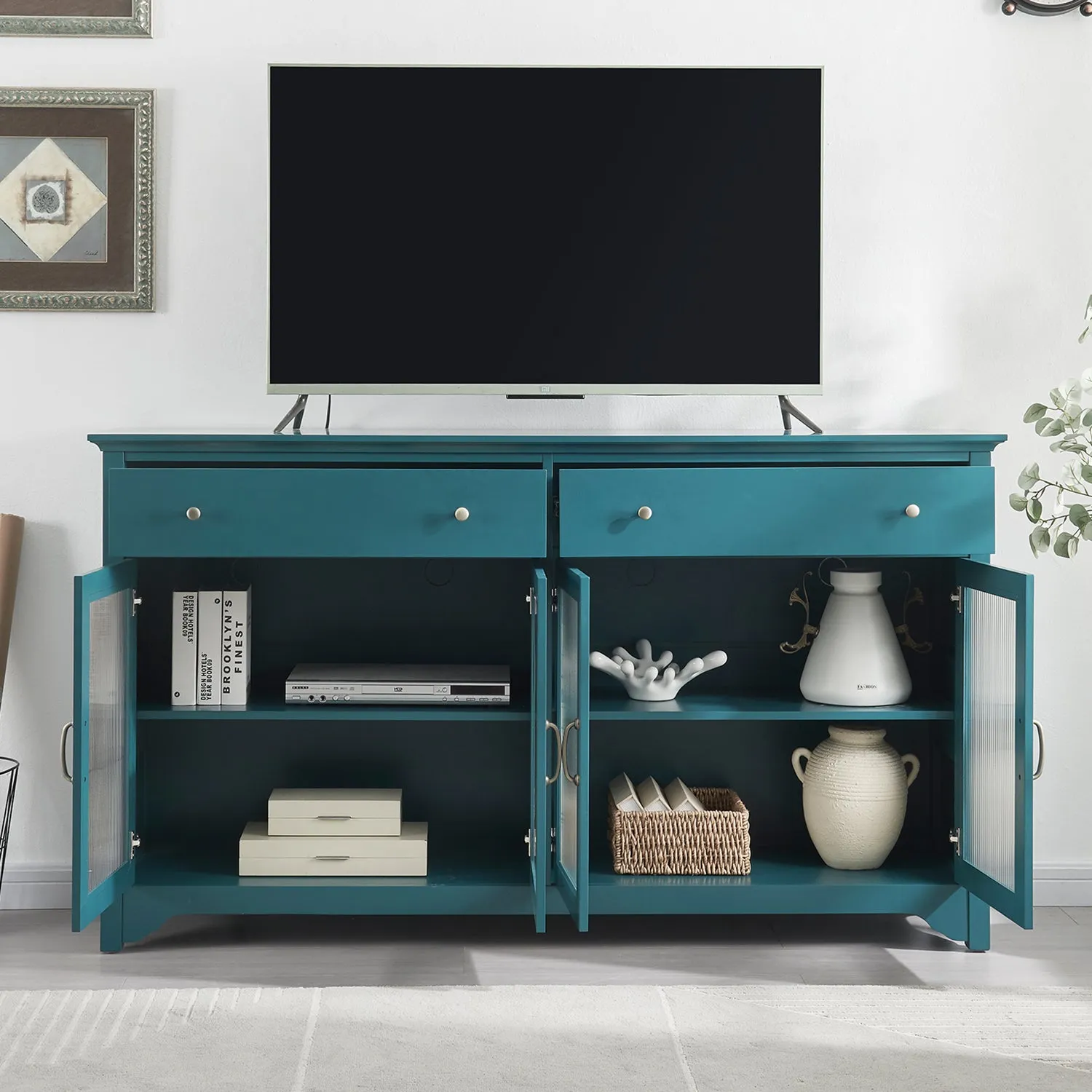 68” TV Console, Storage Buffet Cabinet, Sideboard with Glass Door and Adjustable Shelves, Console Table for Dining Living Room Cupboard, Teal Blue