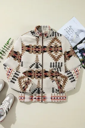 Aztec Printed Stand Neck Zip Up Jacket