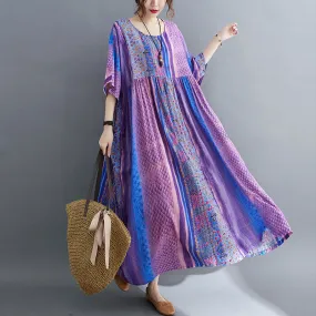 Babakud Plus Size - Summer Floral Printed Linen Purple Dress