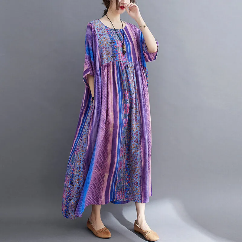 Babakud Plus Size - Summer Floral Printed Linen Purple Dress