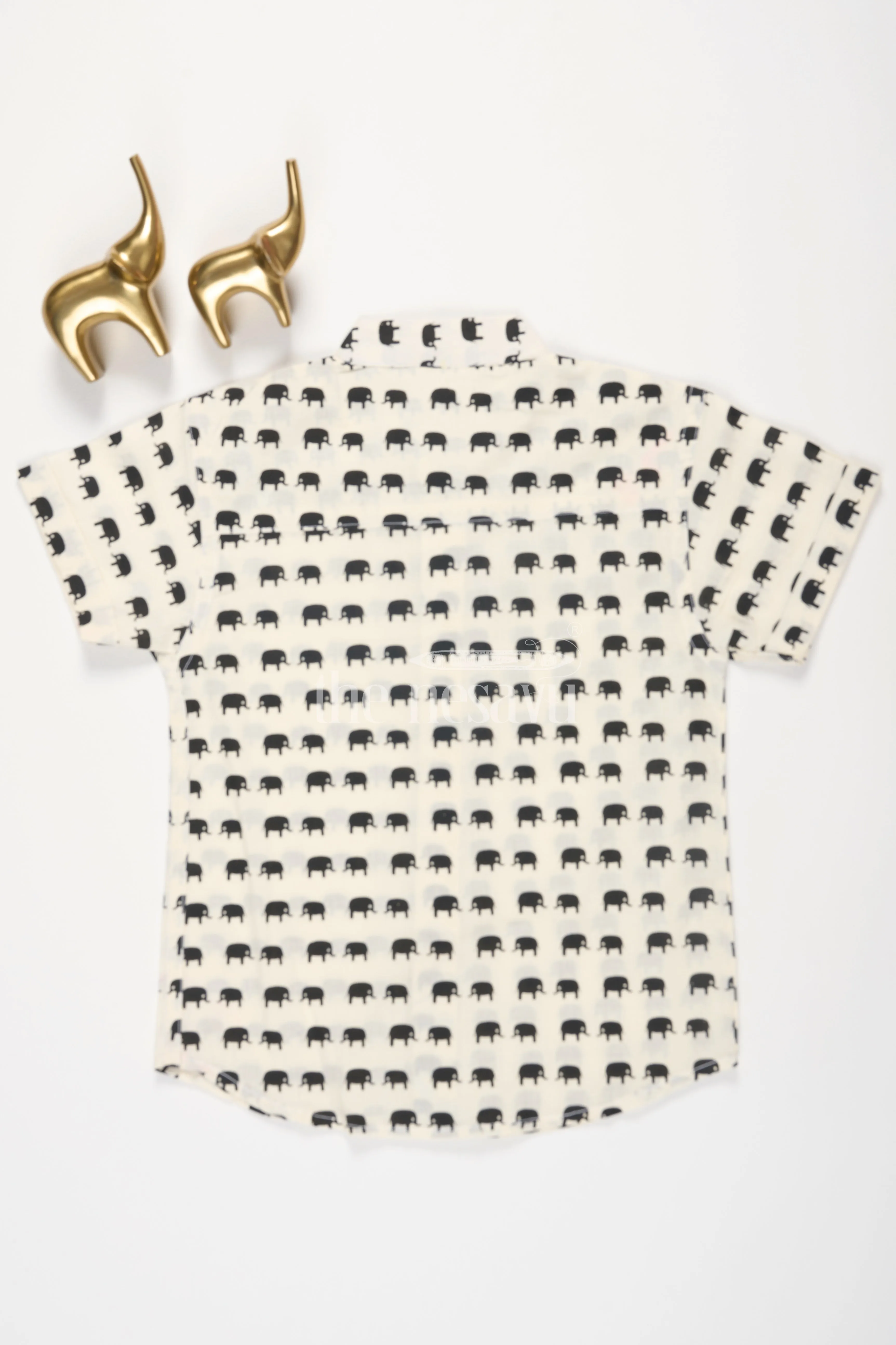 Boys Half-White Cotton Shirt with Black Elephant Print for Casual Outings