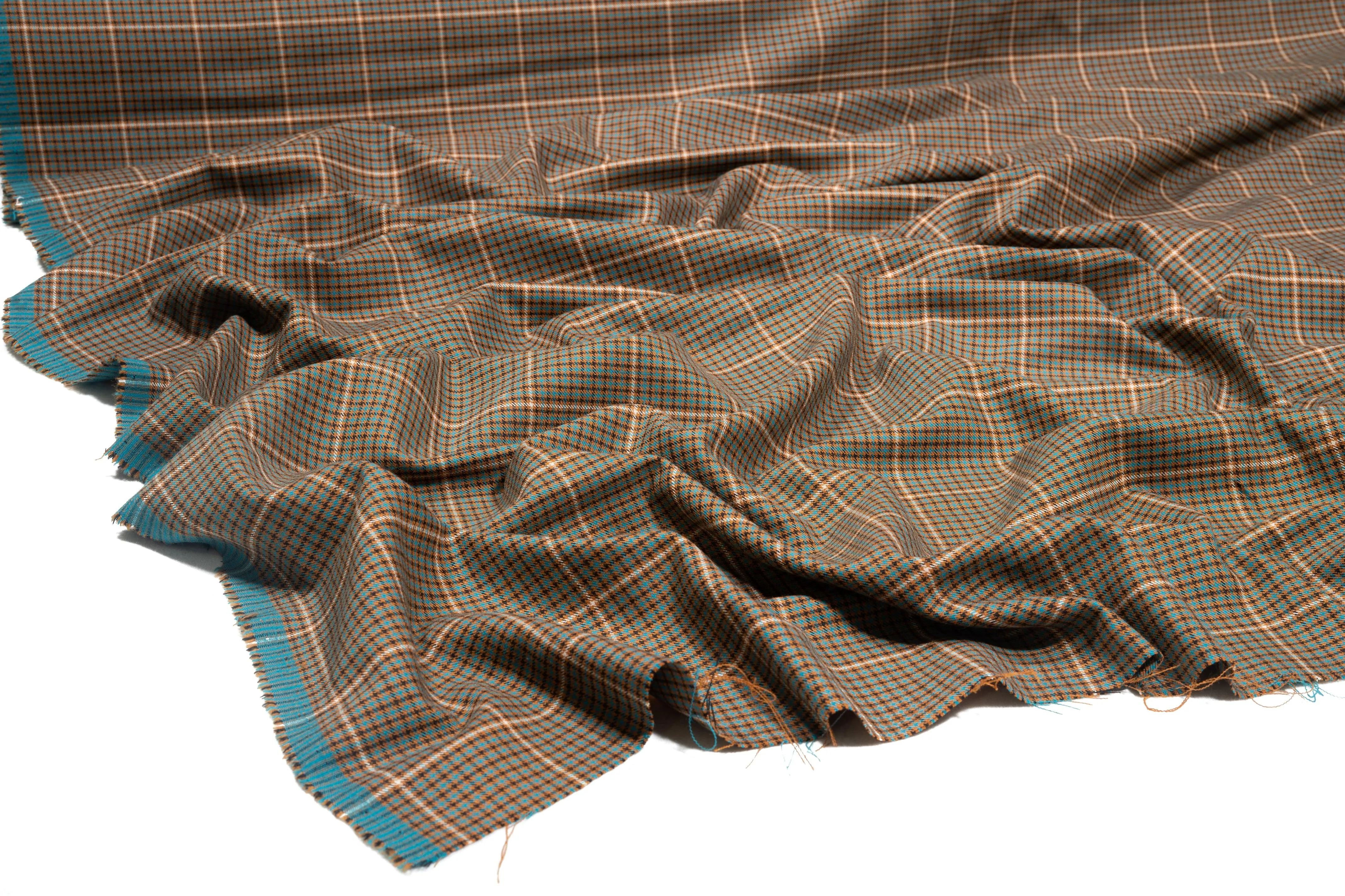 Brown and Teal Checked Italian Stretch Wool Suiting