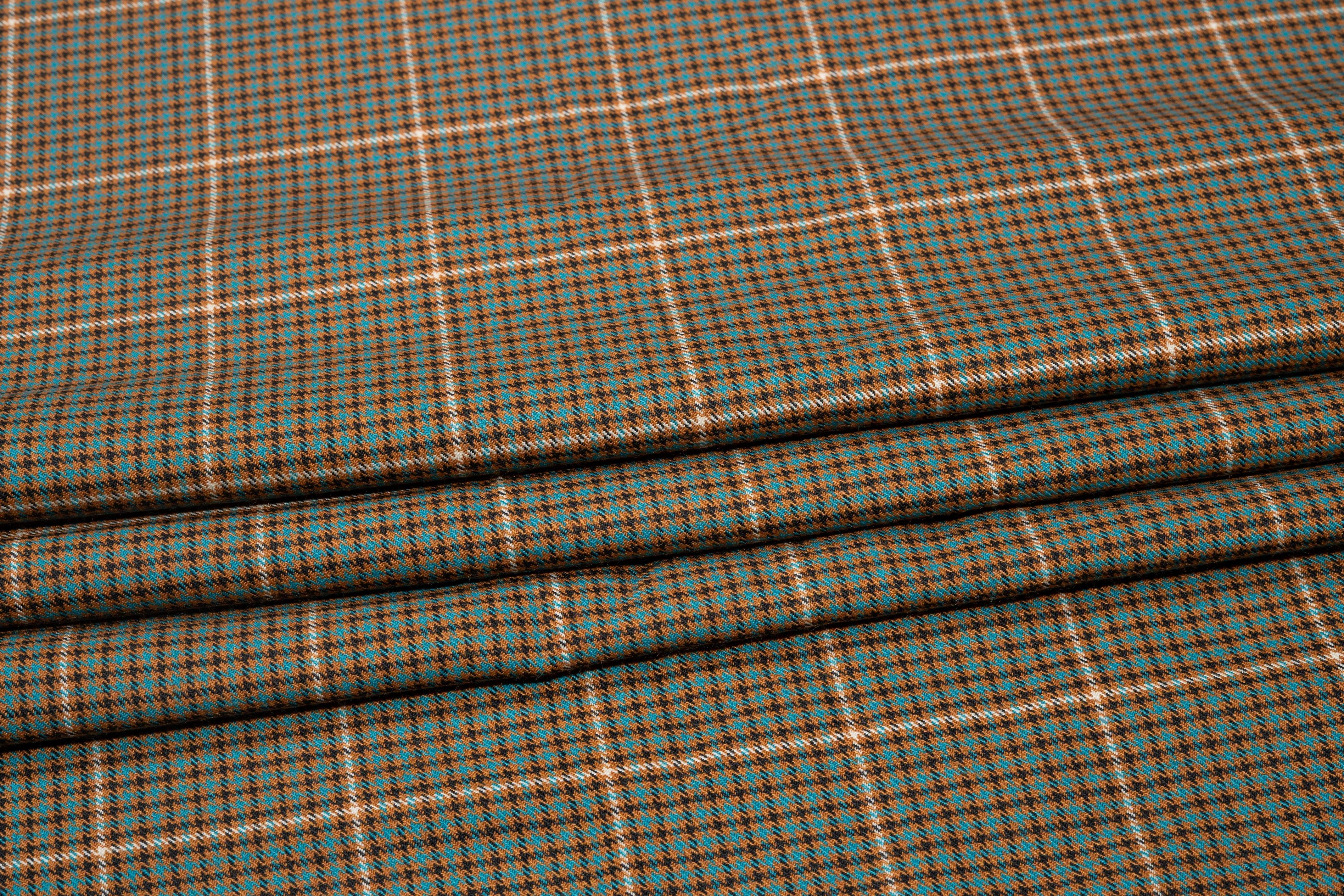 Brown and Teal Checked Italian Stretch Wool Suiting