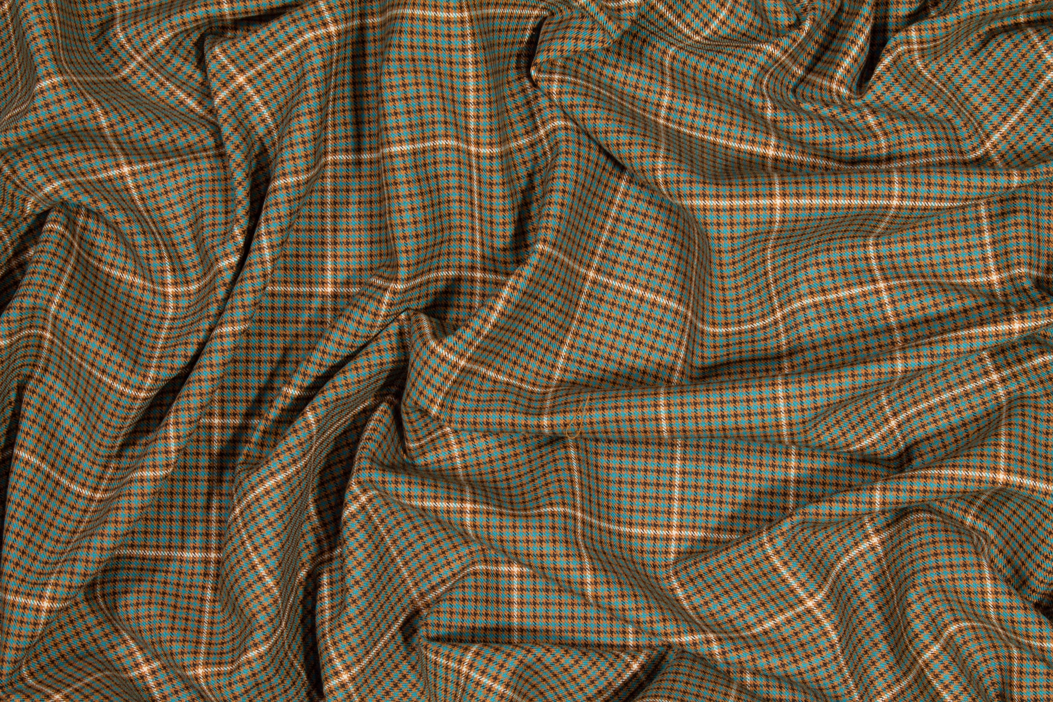 Brown and Teal Checked Italian Stretch Wool Suiting