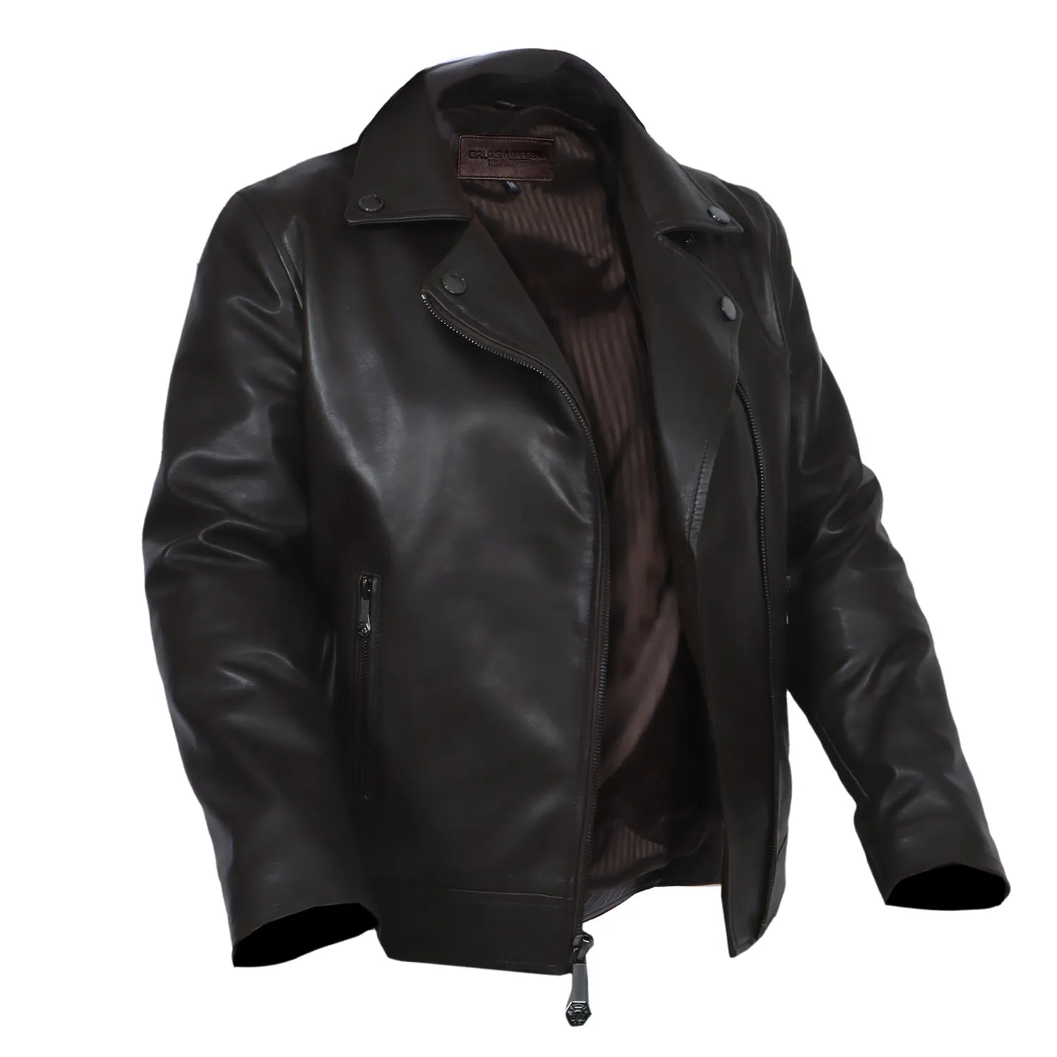 Classic Dark Brown Leather Jacket with Gunmetal Accessory