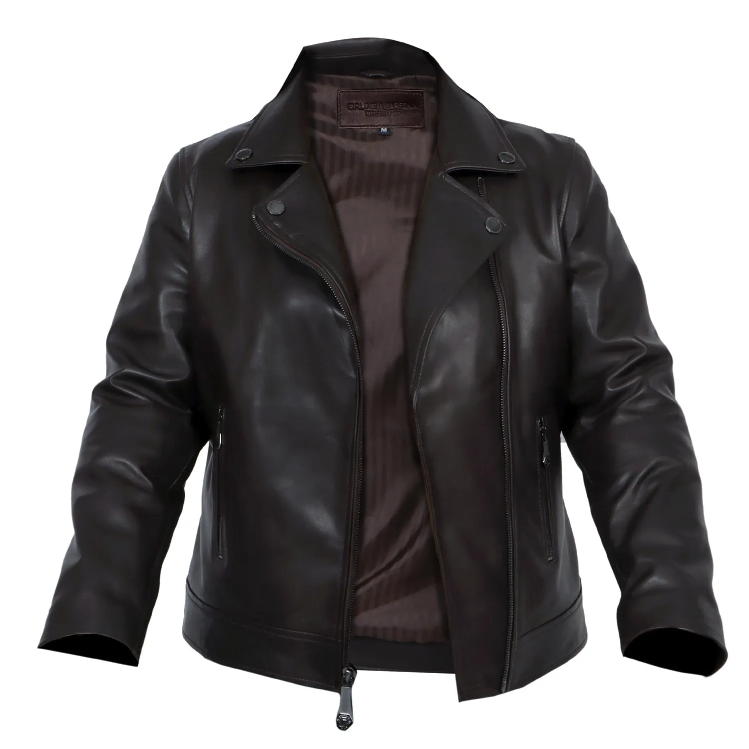 Classic Dark Brown Leather Jacket with Gunmetal Accessory