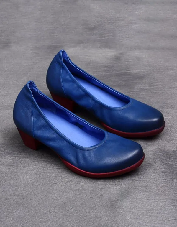 Comfortable Retro Leather Chunky Hee Pumps