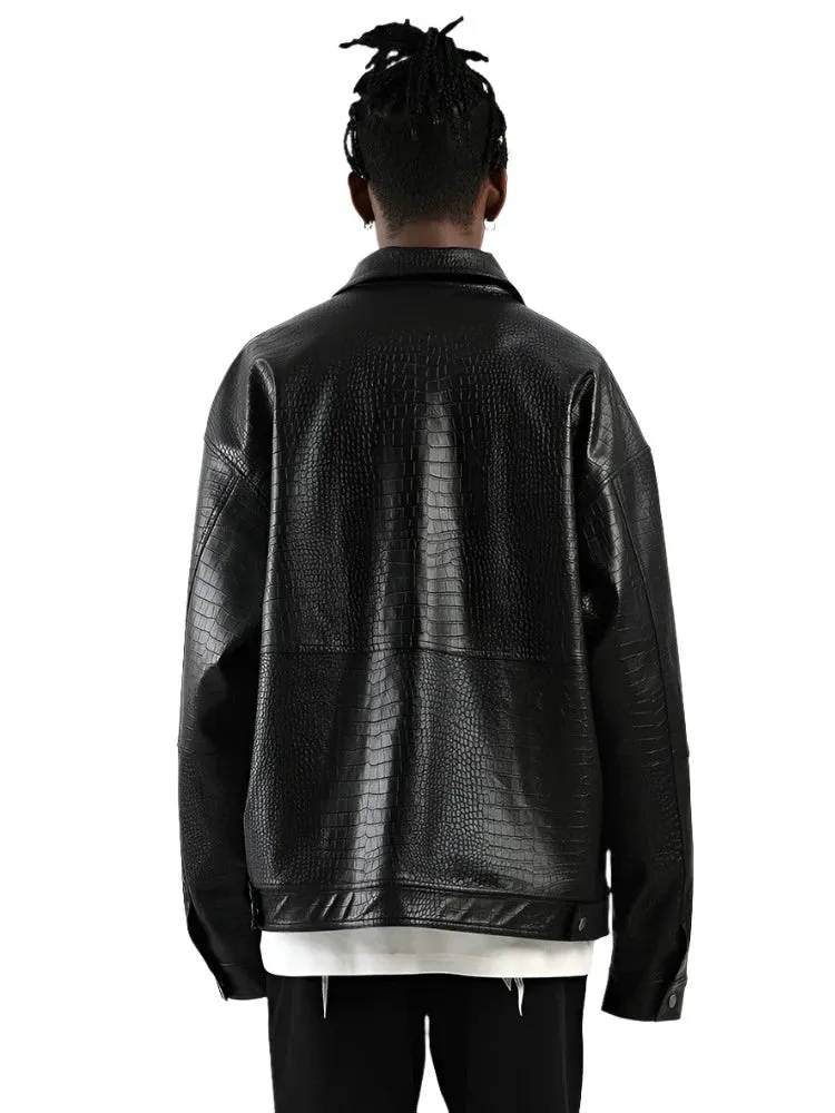 Croc Print Leather Bomber Jacket