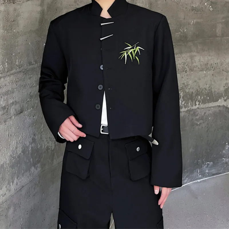 Cropped Embroidered Metal Button Stand Collar Jacket