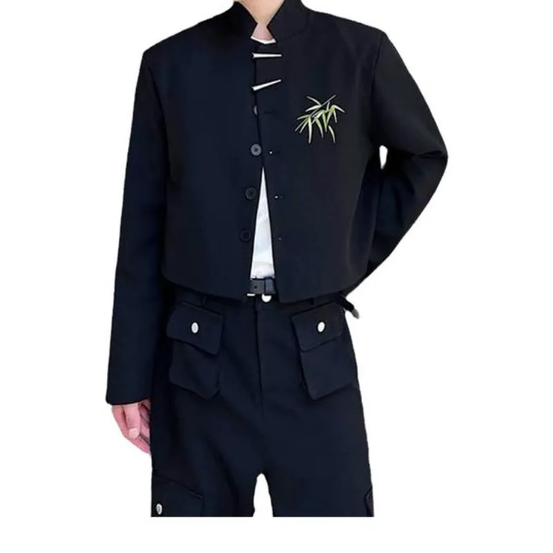 Cropped Embroidered Metal Button Stand Collar Jacket