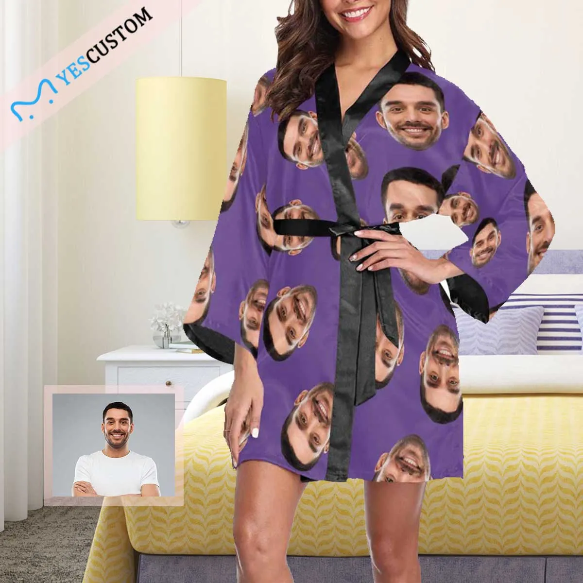 Custom Boyfriend Face Black Background Women's Short Pajamas Funny Personalized Photo Pajamas Kimono Robe