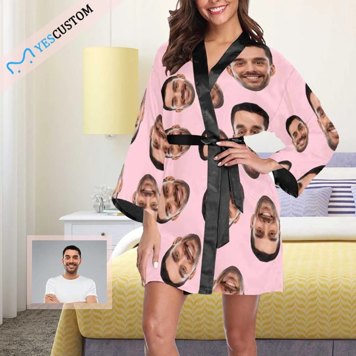 Custom Boyfriend Face Black Background Women's Short Pajamas Funny Personalized Photo Pajamas Kimono Robe