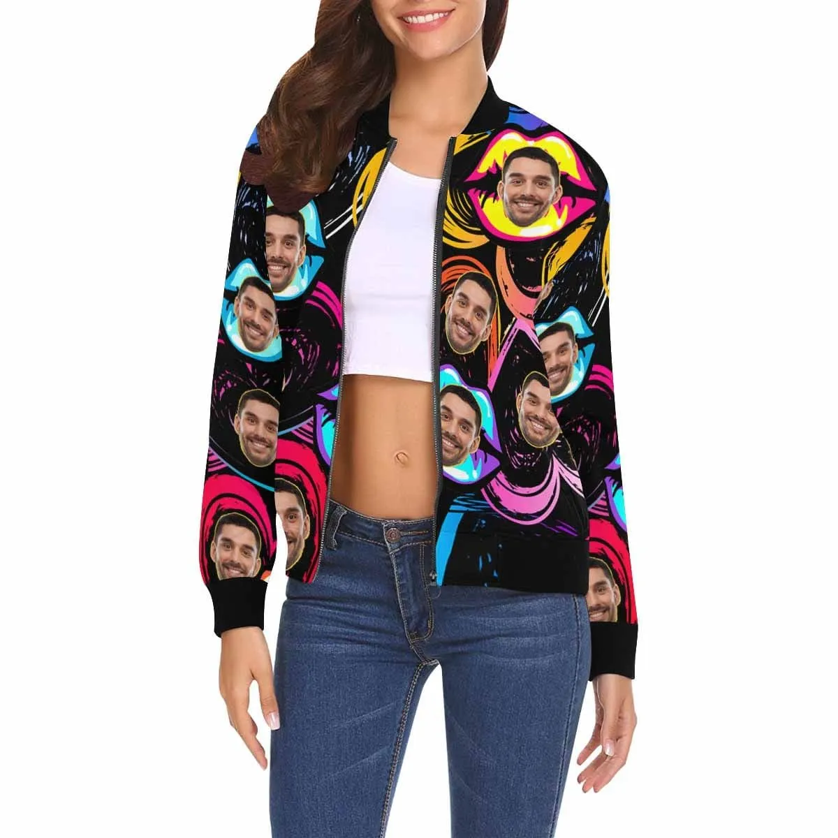 Custom Boyfriend Face Colorful Lips Women's Jacket