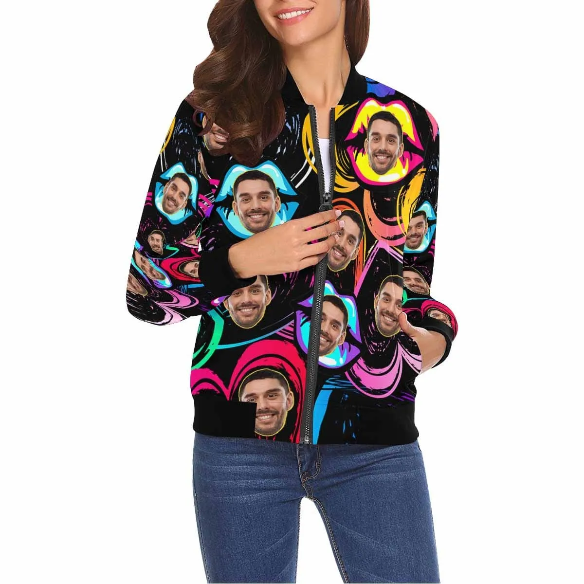 Custom Boyfriend Face Colorful Lips Women's Jacket