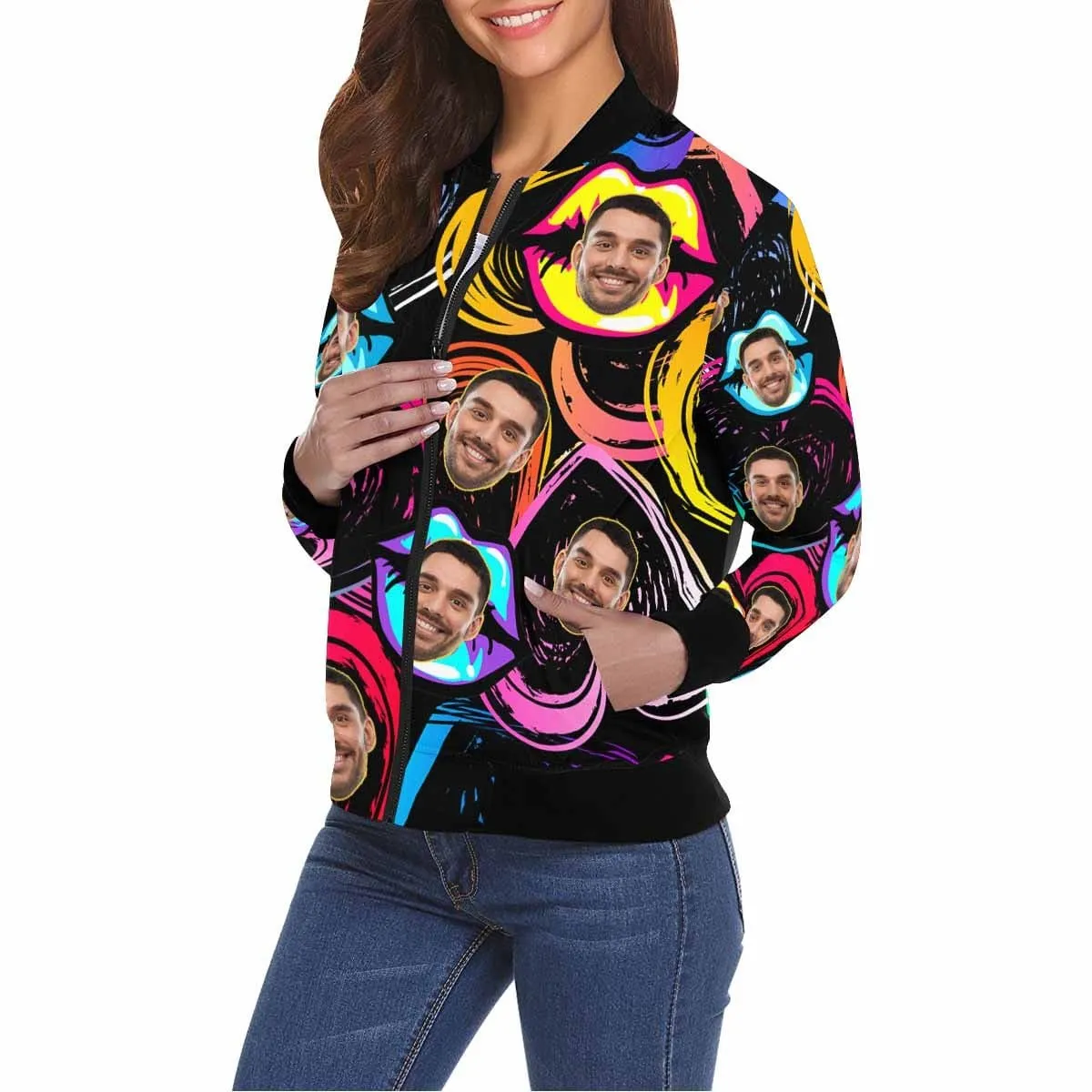 Custom Boyfriend Face Colorful Lips Women's Jacket