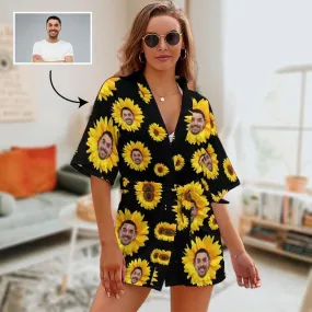 Custom Boyfriend Face Sunflowers Women's Short Pajamas Funny Personalized Photo Pajamas Kimono Robe