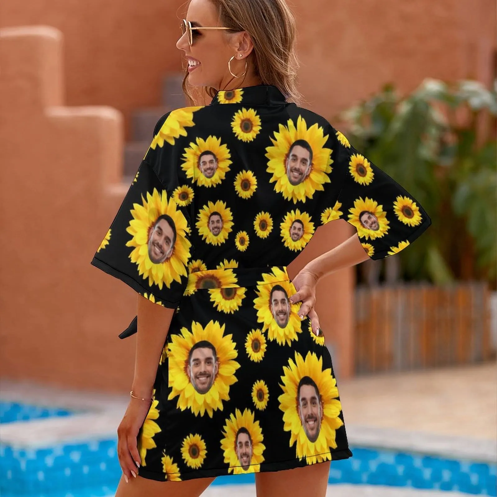 Custom Boyfriend Face Sunflowers Women's Short Pajamas Funny Personalized Photo Pajamas Kimono Robe