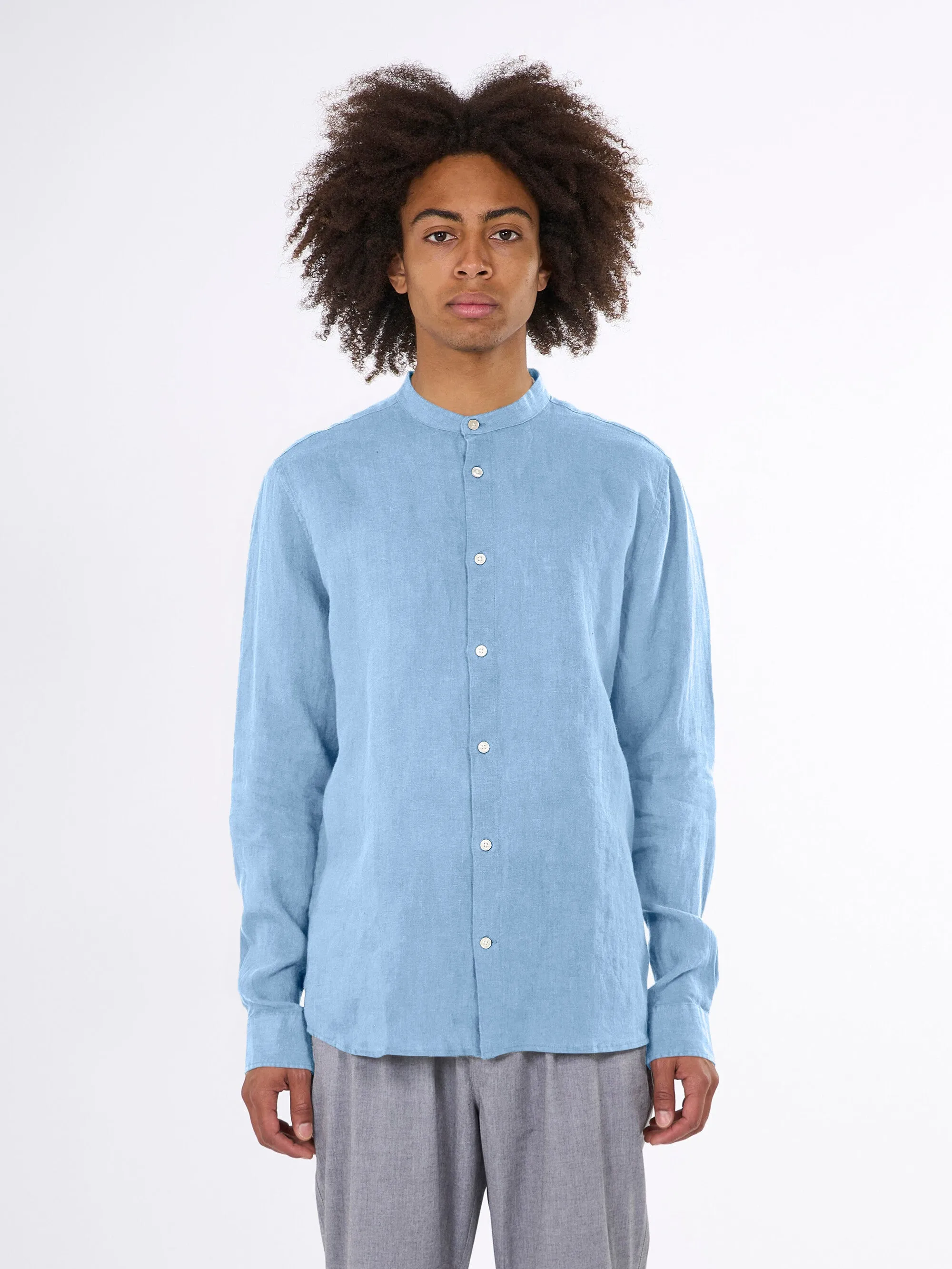 Custom fit linen stand collar shirt - Airy Blue