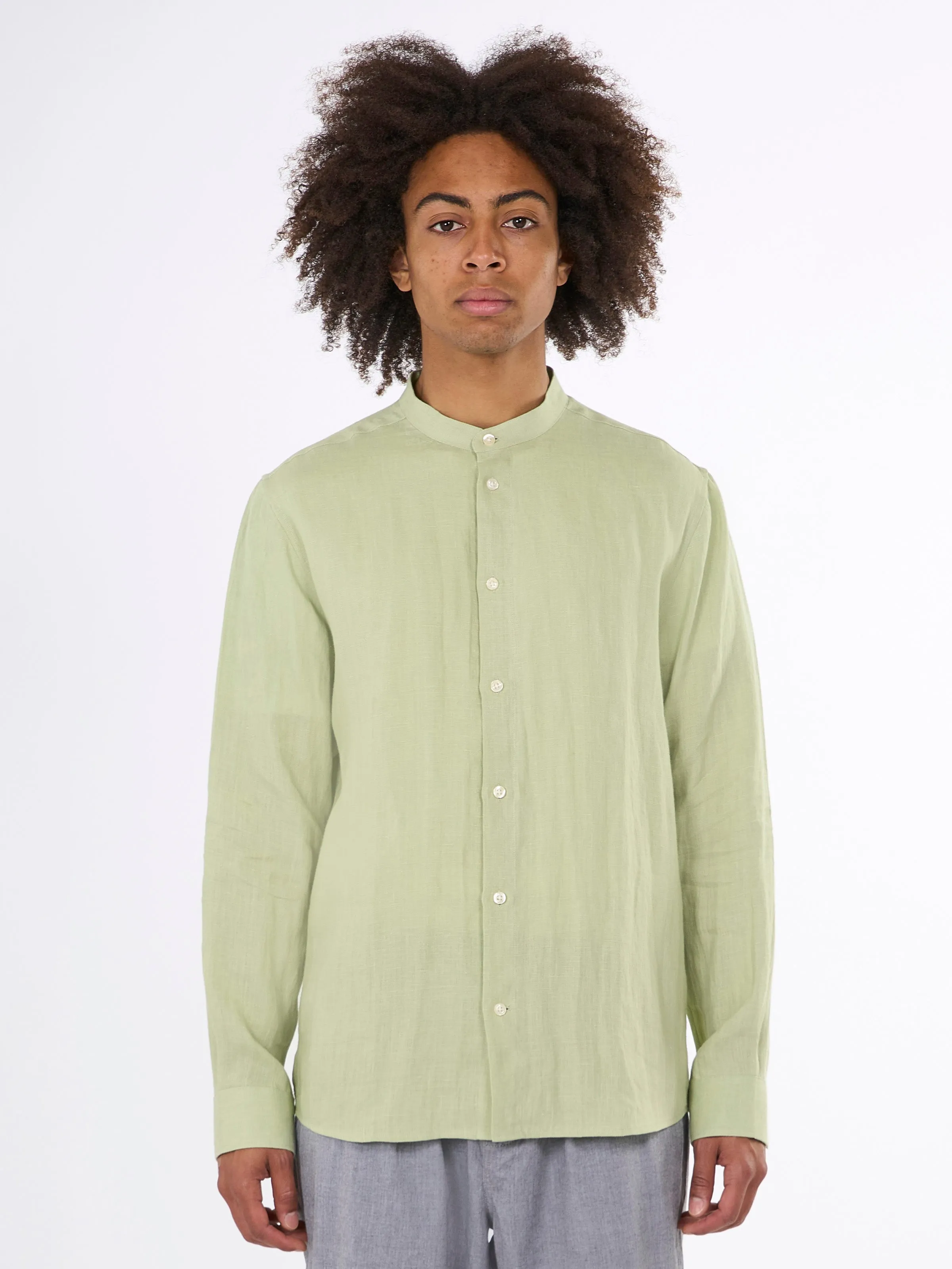 Custom fit linen stand collar shirt - Swamp