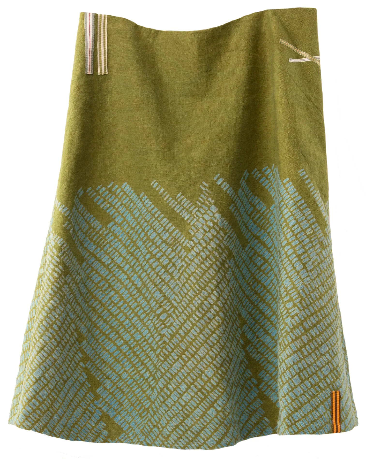 'Dashes' green heavyweight linen A-line skirt - Commission only