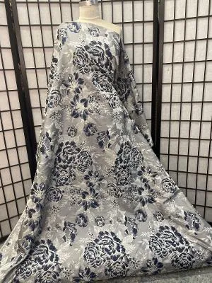 Designer Silver Grey & Navy Double Sided Floral Brocade