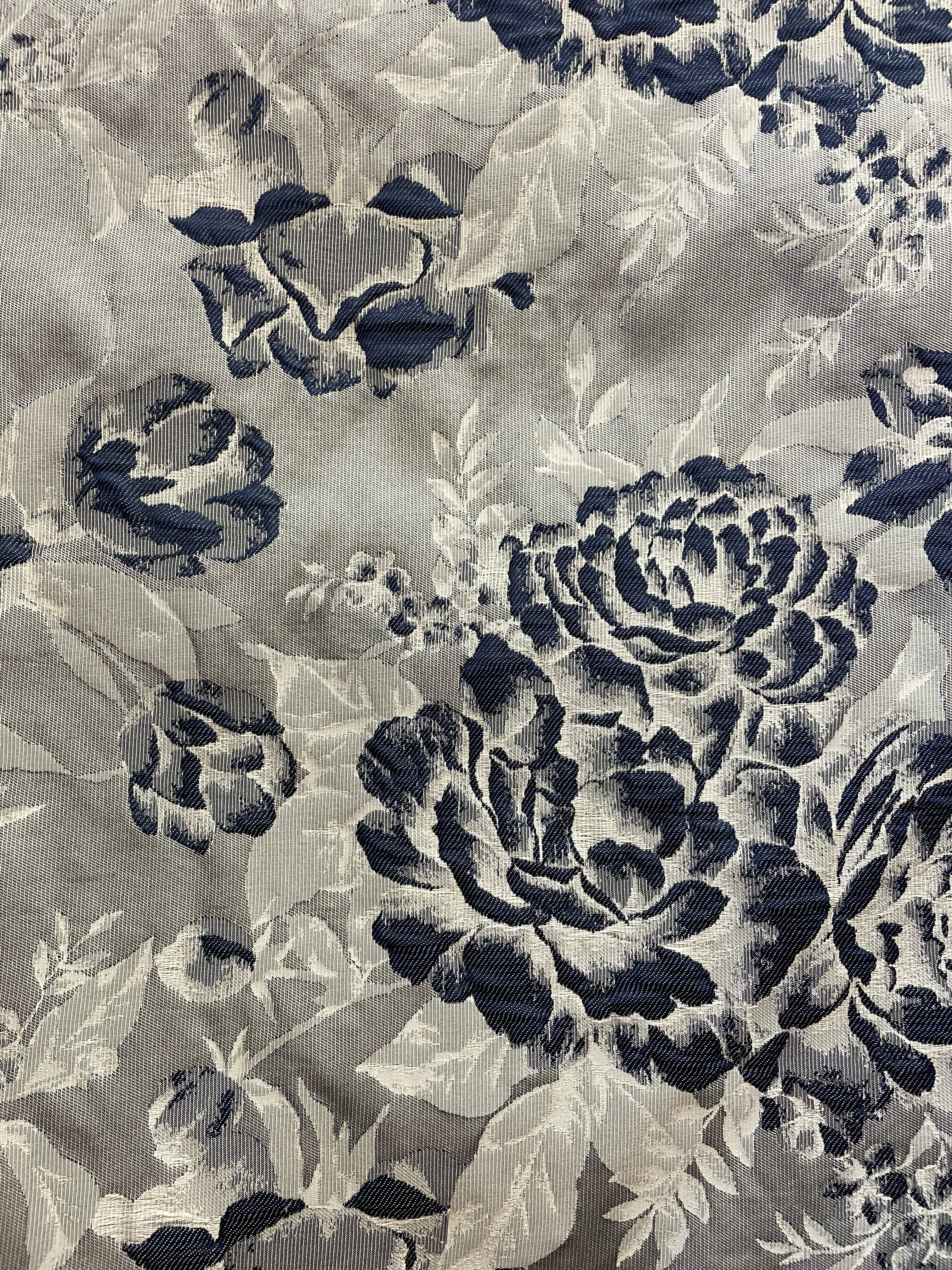 Designer Silver Grey & Navy Double Sided Floral Brocade