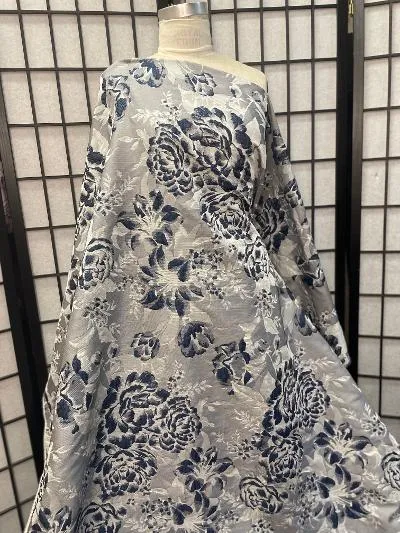 Designer Silver Grey & Navy Double Sided Floral Brocade