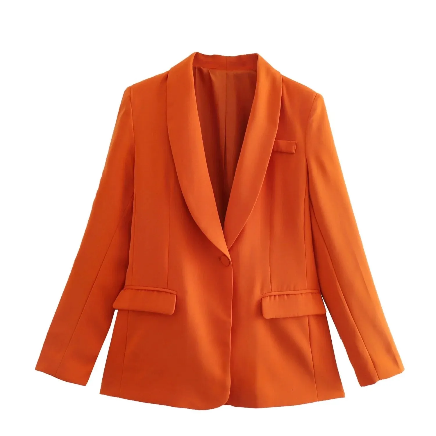 Fashionkova  Fashion Women Orange Single Button Flap Pocket Blazer Jacket High Waist Straight Trousers 2 PCS Set For Office Lady Streetwear