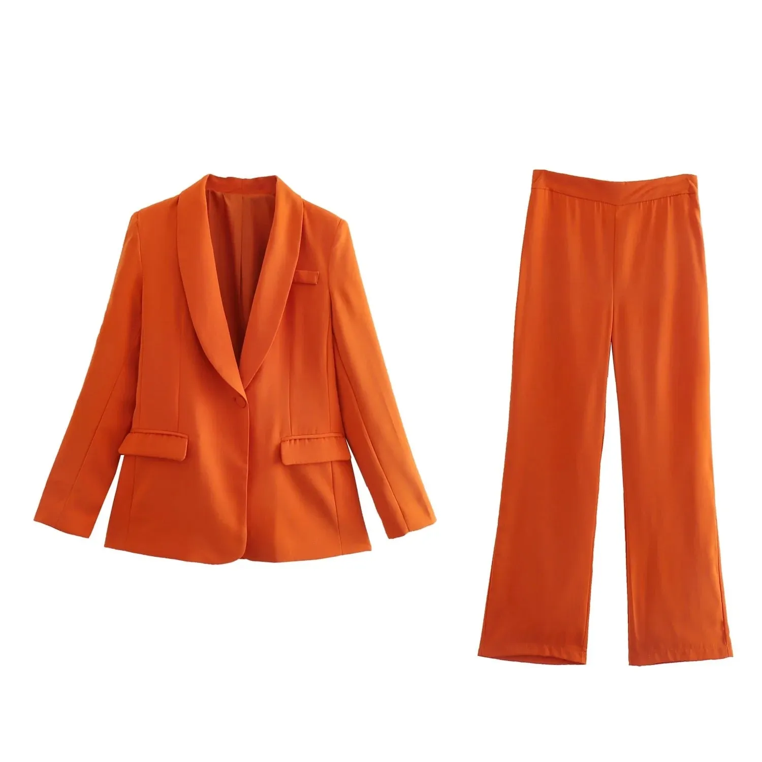 Fashionkova  Fashion Women Orange Single Button Flap Pocket Blazer Jacket High Waist Straight Trousers 2 PCS Set For Office Lady Streetwear