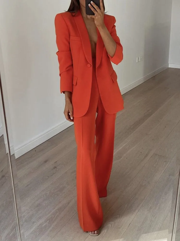 Fashionkova  Fashion Women Orange Single Button Flap Pocket Blazer Jacket High Waist Straight Trousers 2 PCS Set For Office Lady Streetwear