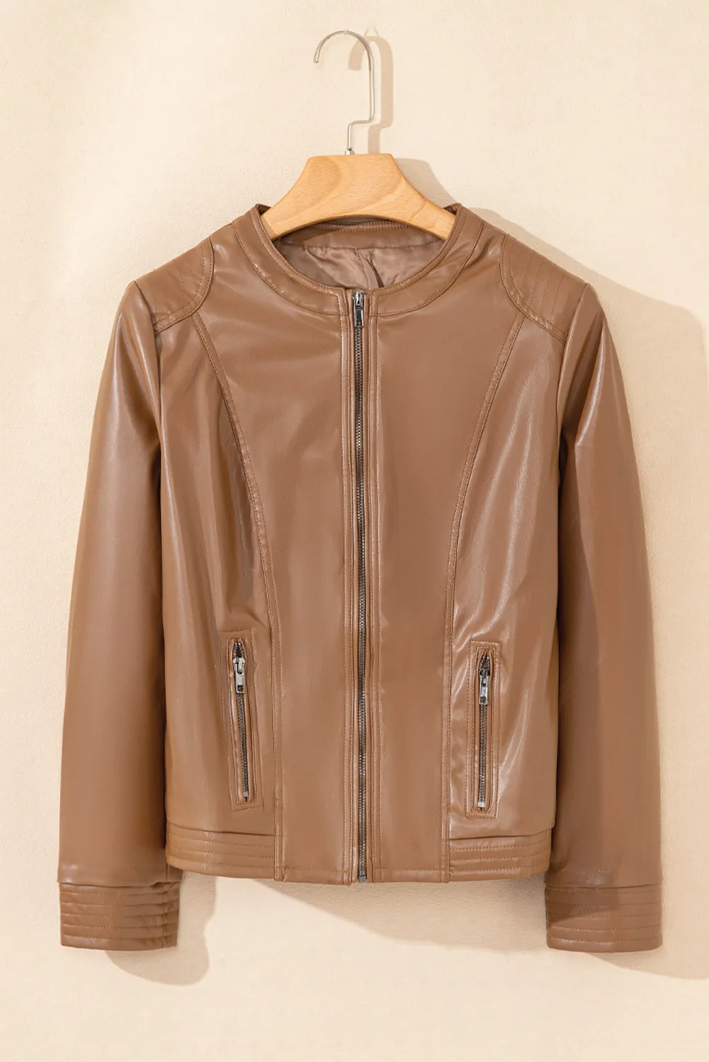 Faux Leather Zipper Slim Fit Bomber Jacket