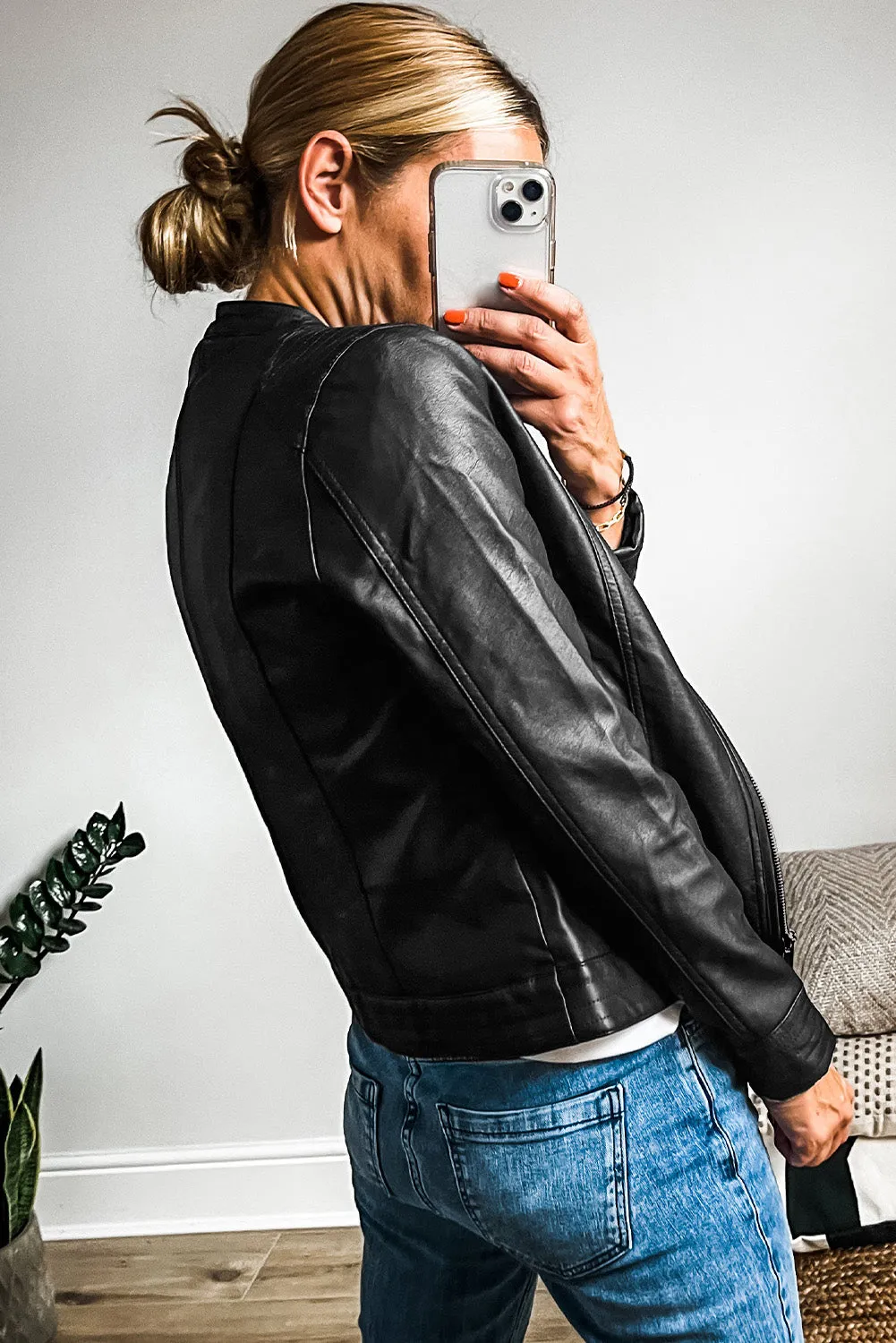 Faux Leather Zipper Slim Fit Bomber Jacket