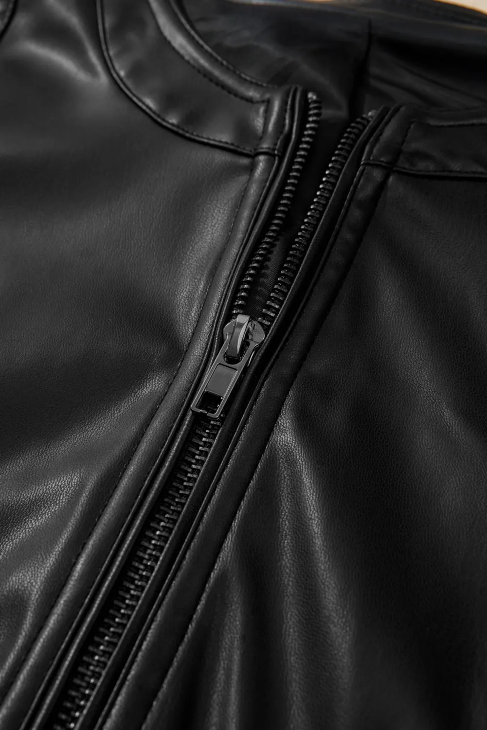 Faux Leather Zipper Slim Fit Bomber Jacket