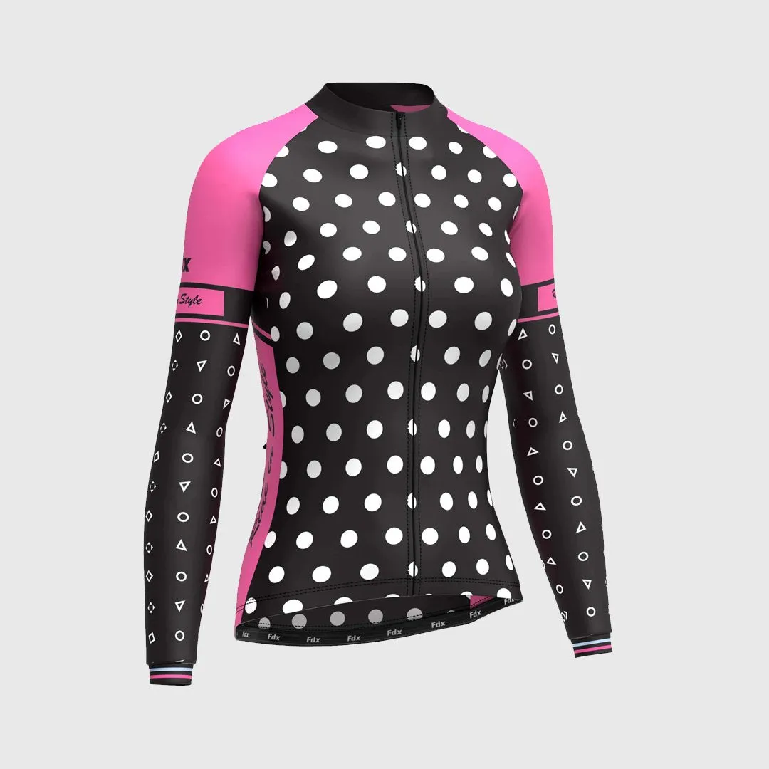 Fdx Women's & Girl's Set Polka Dots Thermal Super Roubaix Pink Cycling Jersey & Bib Tights