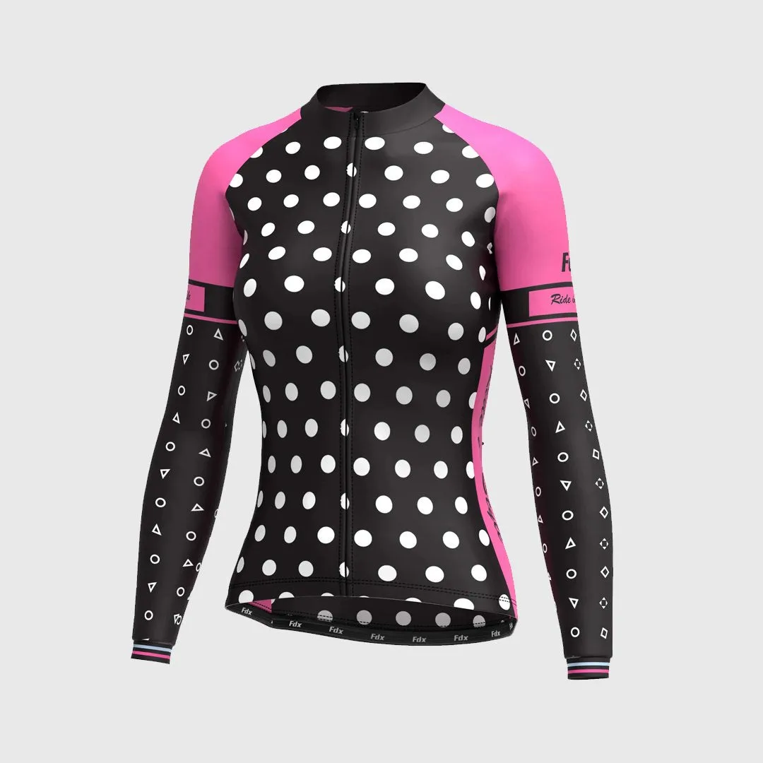 Fdx Women's & Girl's Set Polka Dots Thermal Super Roubaix Pink Cycling Jersey & Bib Tights