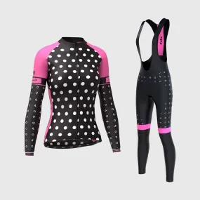 Fdx Women's & Girl's Set Polka Dots Thermal Super Roubaix Pink Cycling Jersey & Bib Tights