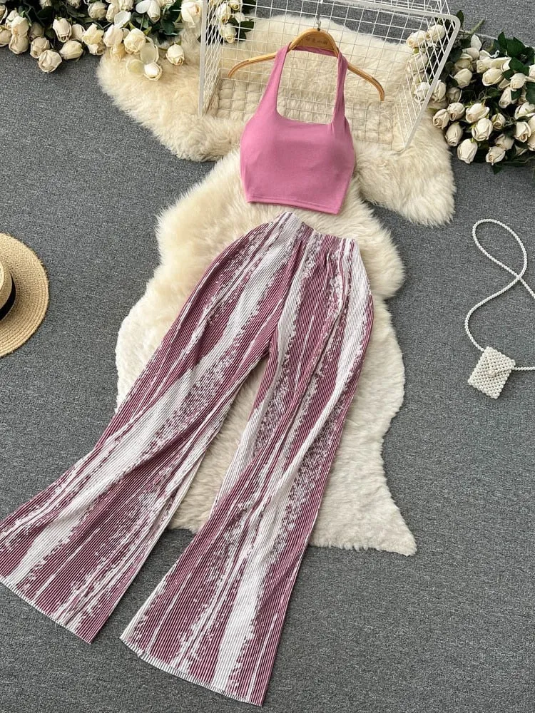 Getadme Fashion New Women Summer Sexy Pants Set Halter Tank Tops Wide-leg Long Pantsuit Female Slim Vacation Two Piece Sets