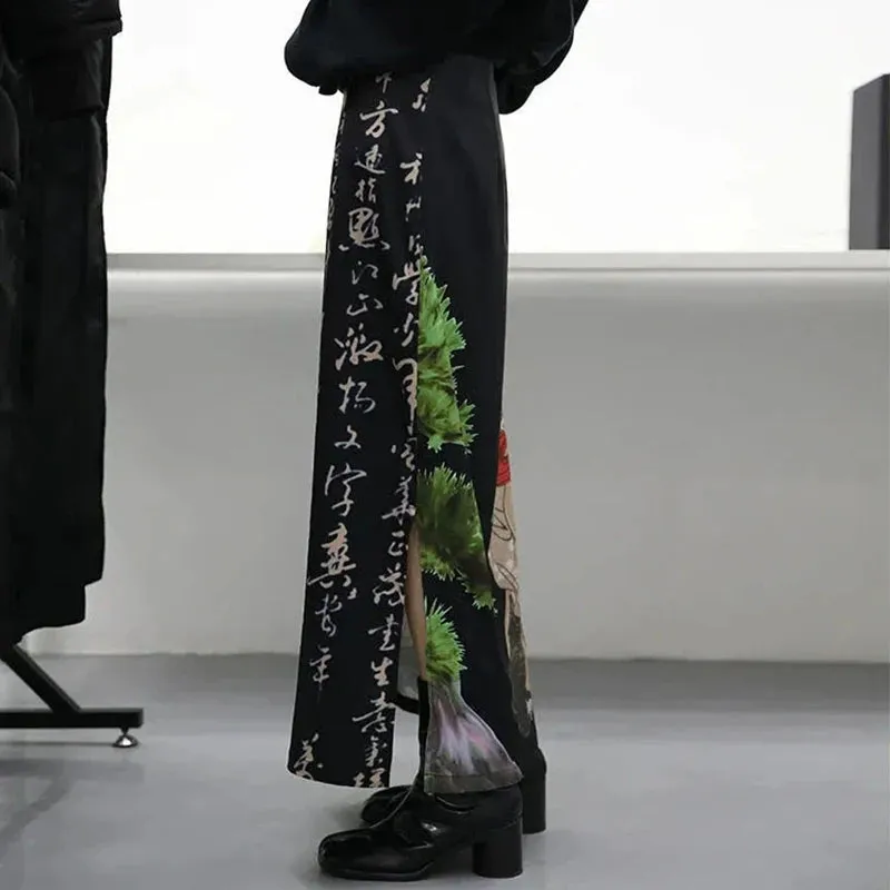 Getadme Harajuku Black Print Skirts Women Gothic Japanese Tie Dye Split A-Line Long Skirt Streetwear High Waist Straight Skirt