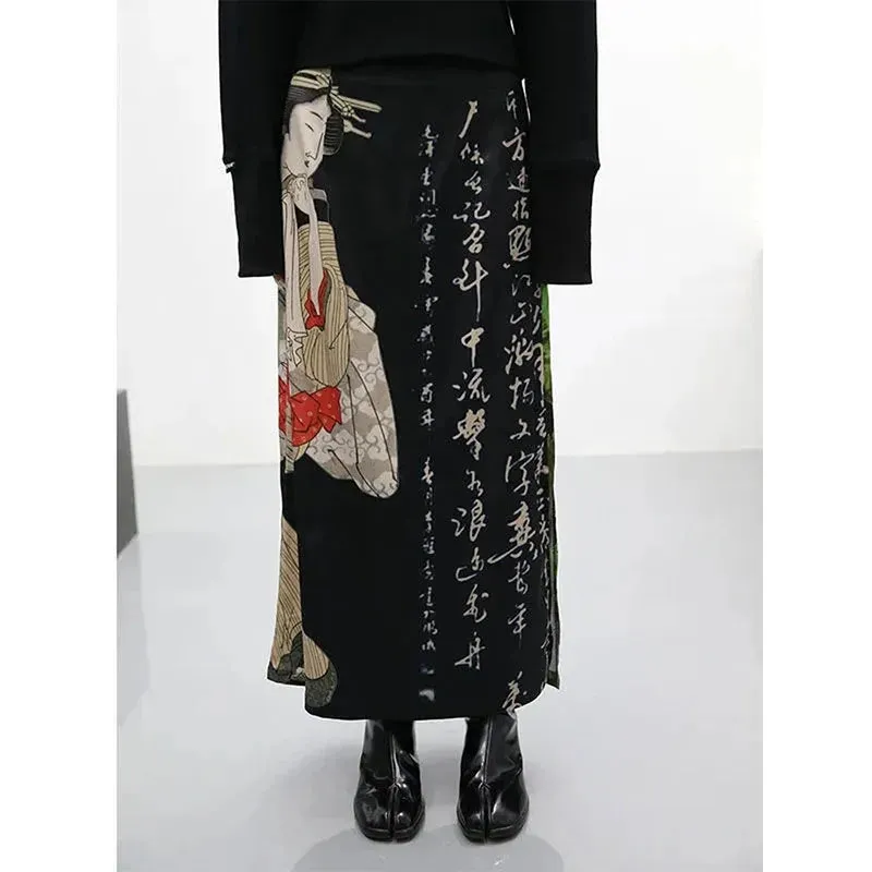 Getadme Harajuku Black Print Skirts Women Gothic Japanese Tie Dye Split A-Line Long Skirt Streetwear High Waist Straight Skirt