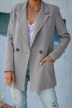 Grey Double-Breasted Padded Shoulder Blazer with Pockets